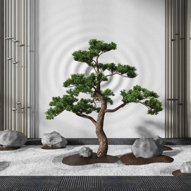新中式松树枯山水景观小品3D模型